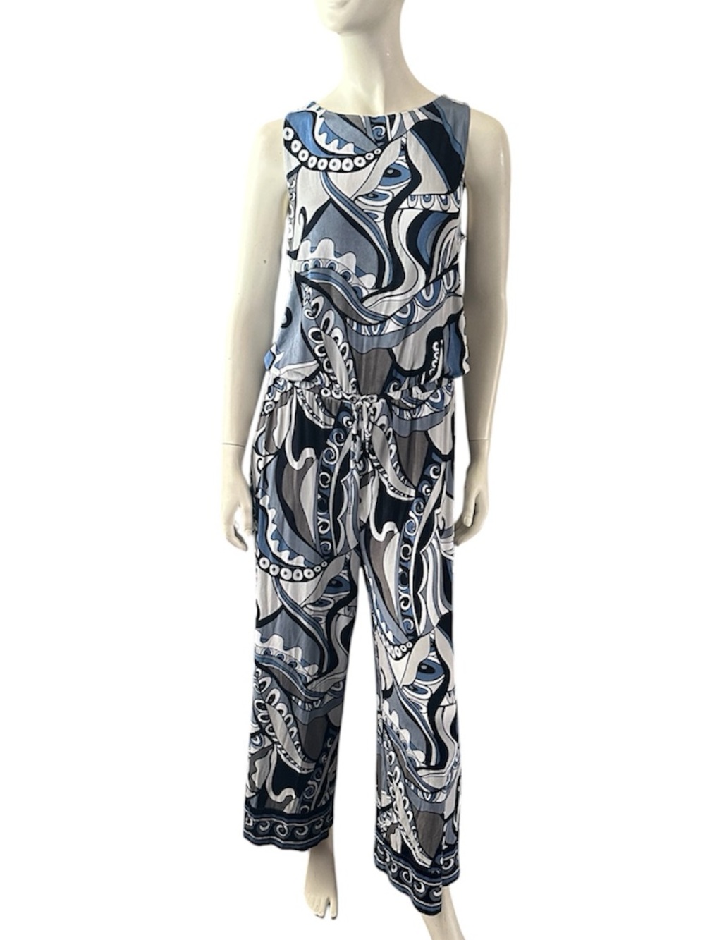 Chico's Travelers Sleeveless Jumpsuit Gray, Blue & Black Paisley Size 1 EUC